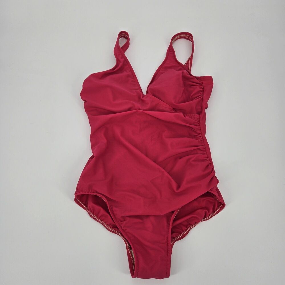Miraclesuit Red One Piece Bathing Suit Rouched Plunge Neck
